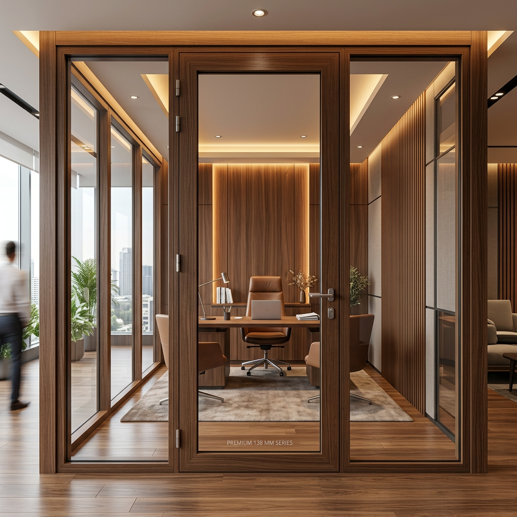 138 MM series broad aluminium openable glass door with fixed side panels