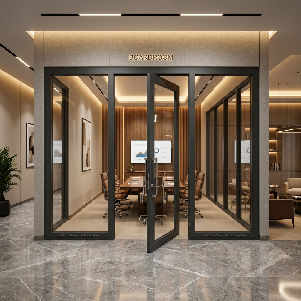 138 MM series broad panel openable and fixed aluminium glass door, dark